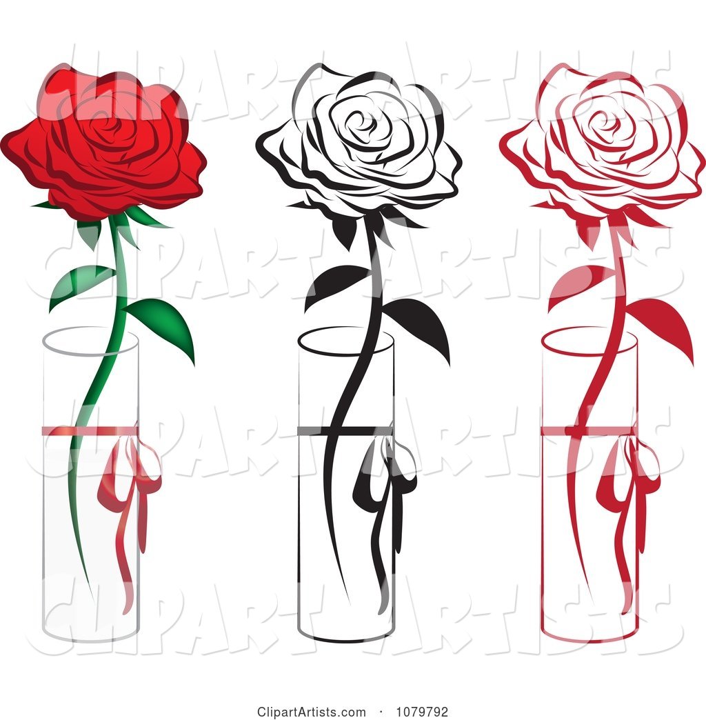 Set of Red and Black Single Roses in Vases