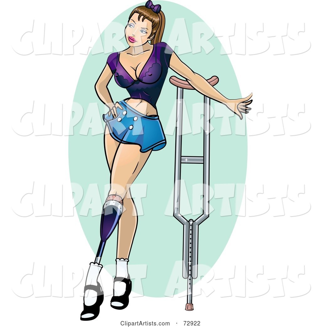 Sexy Amputee Pinup Woman with a Prosthetic Leg and Crutch