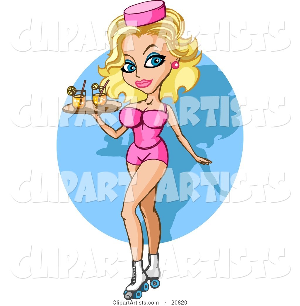 Sexy and Busty Blond Pinup Waitress Woman in a Pink Uniform and Hat, Posing on Roller Skates and Serving Cocktails on a Tray