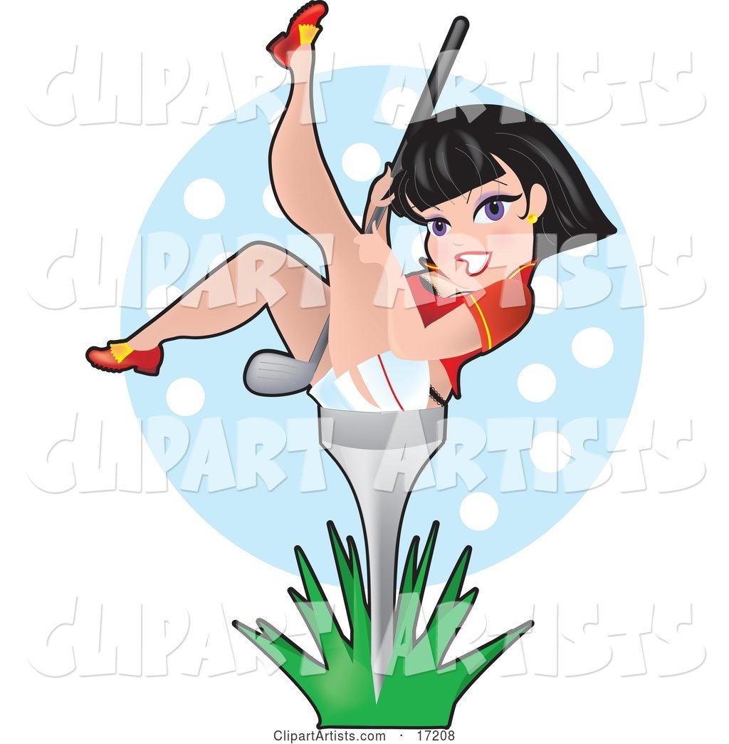 Sexy Black Haired Woman Holding a Golf Club Between Her Legs and Leaning Back on a Golf Tee in Grass
