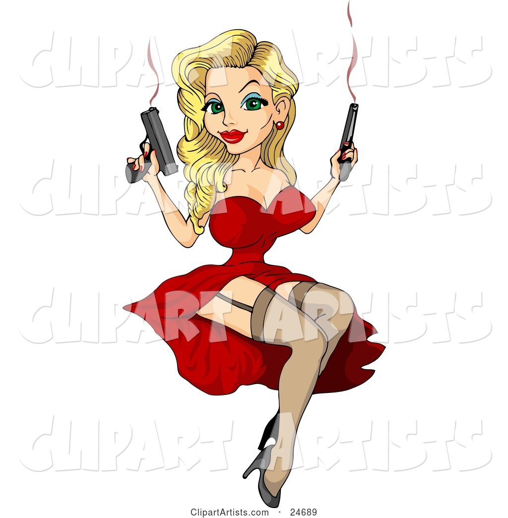 Sexy Blond Pinup Woman in a Red Dress and Leggings, Holding Two Smoking Pistils