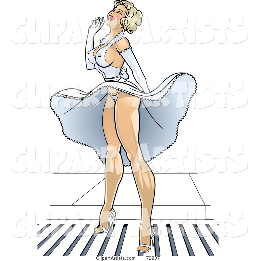 Sexy Blond Pinup Woman Standing over an Air Vent, the Wind Blowing up Her Dress