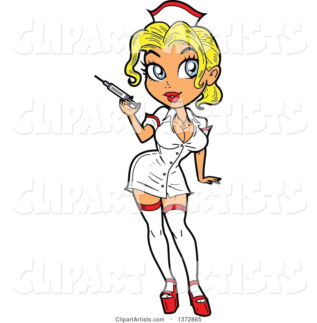 Sexy Blond White Nurse Pinup Woman Holding a Syringe
