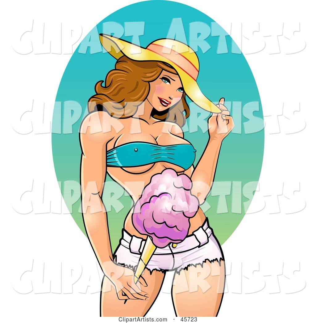 Sexy Dirty Blond Pinup Woman in Short Shorts, Holding Cotton Candy