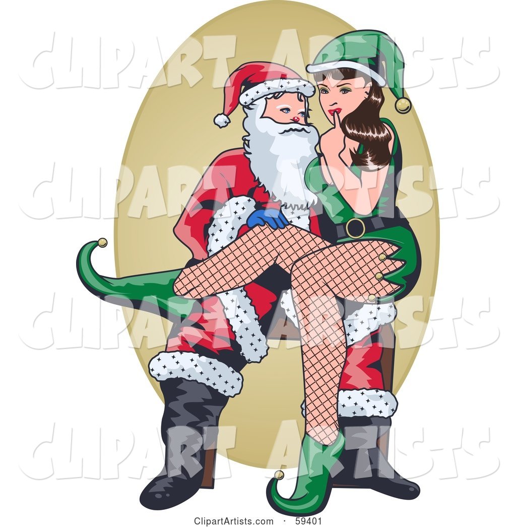Sexy Elf Pinup Girl Sitting on Santas Lap