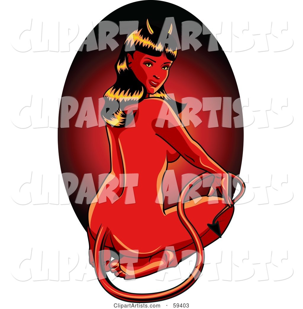 Sexy Halloween Devil Pinup Woman Sitting on Her Knees and Looking Back