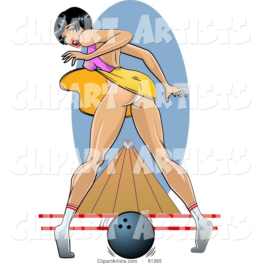 Sexy Pinup Woman Dropping Her Bowling Ball and Looking Back, Her Dress Blowing up