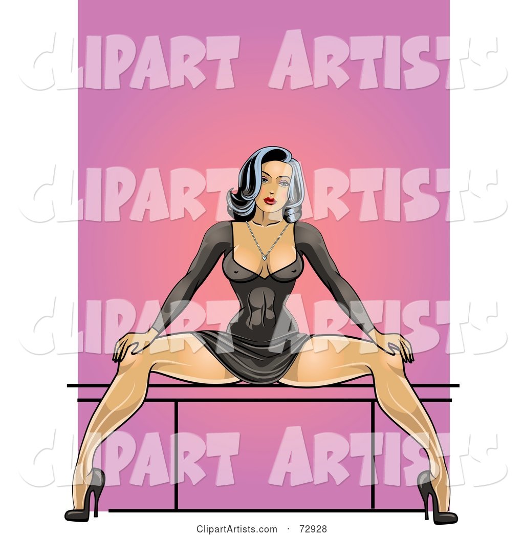 Sexy Pinup Woman in a Black Dress, Sitting with Her Legs Spread Wide