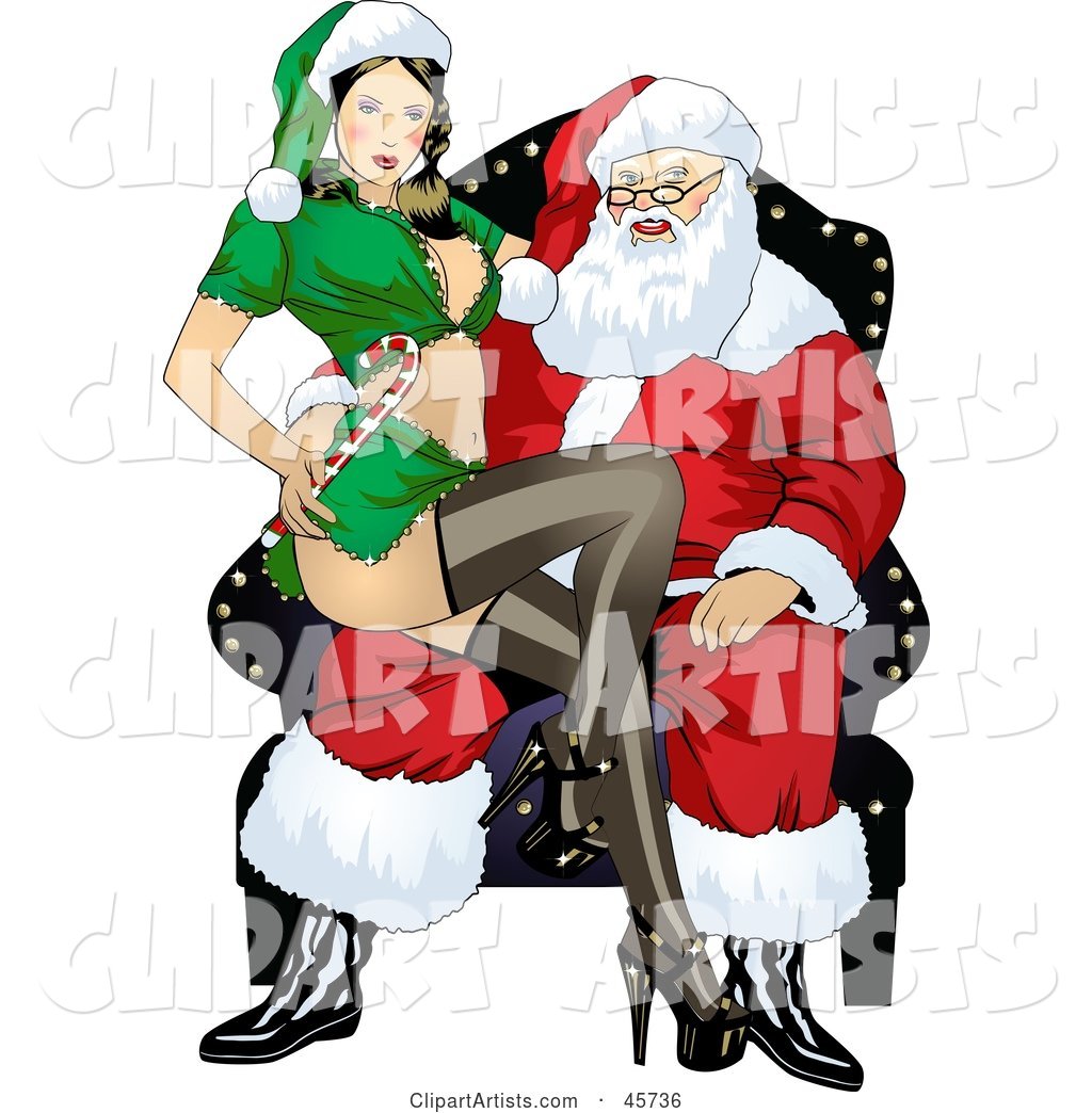 Sexy Pinup Woman in an Elf Uniform, Sitting on Santa's Lap