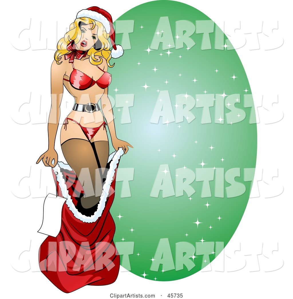 Sexy Pinup Woman in Lingerie, Emerging from Santas Red Sack