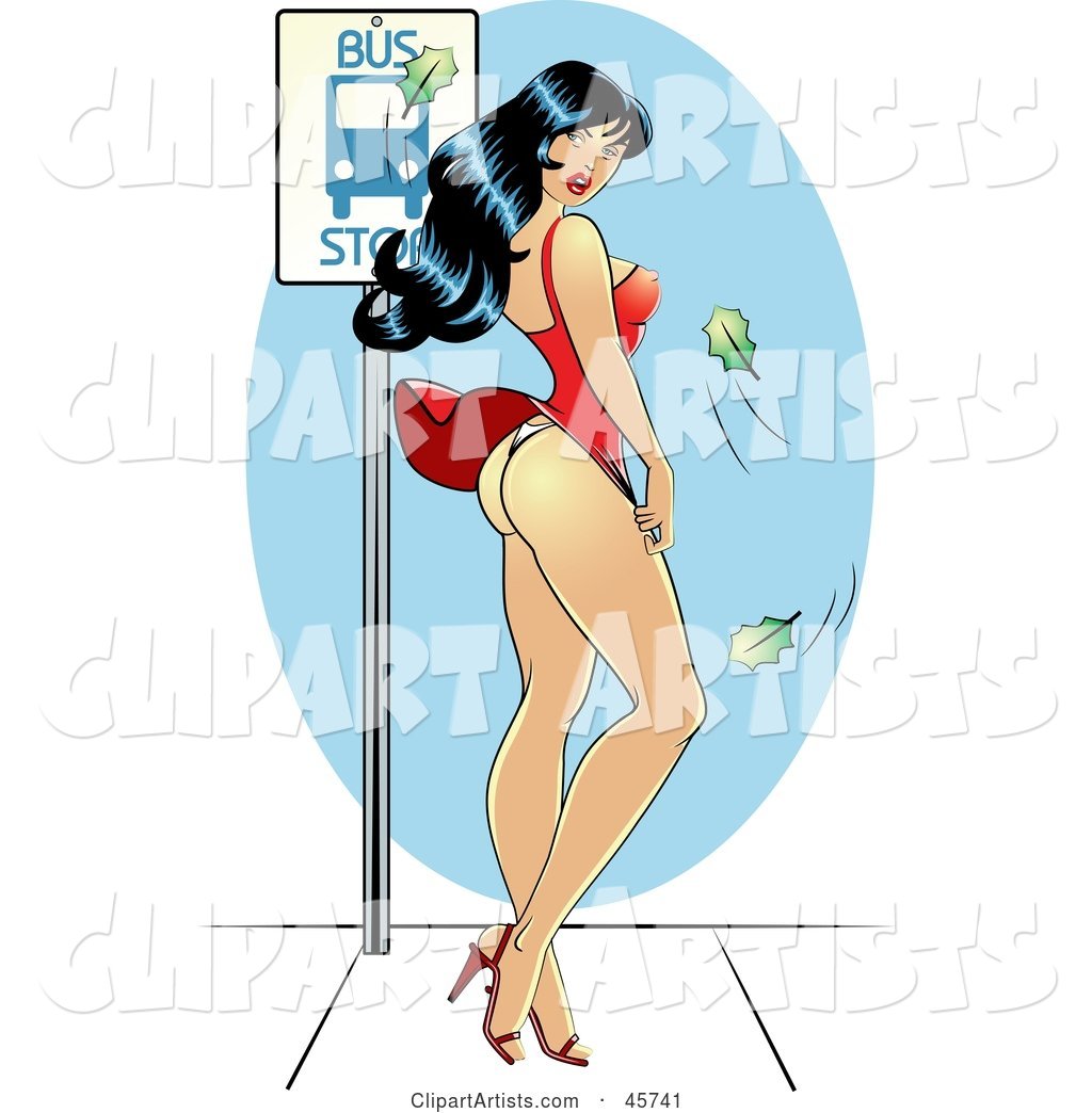 Sexy Pinup Woman Waiting at a Bus Top, Her Dress Blowing up in the Wind