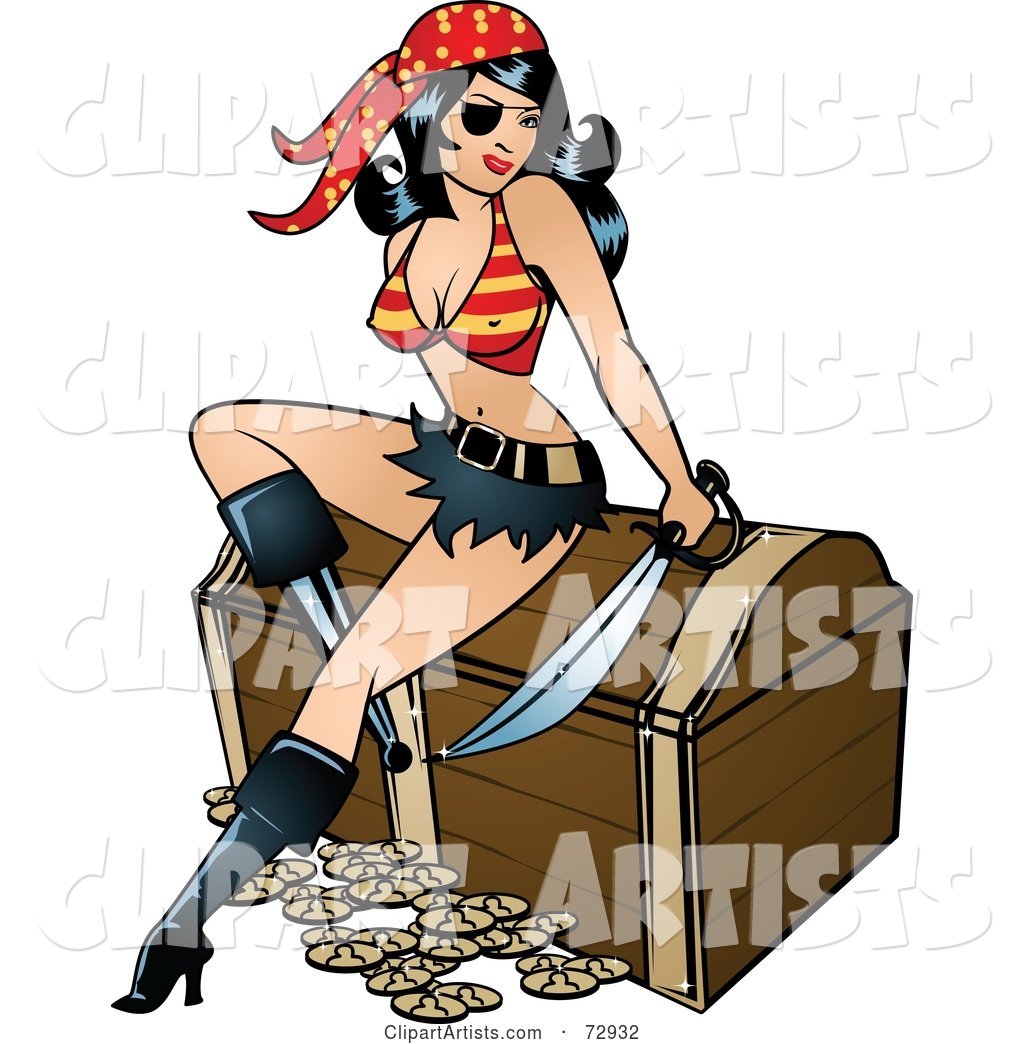 Sexy Pirate Pinup Woman with a Peg Leg, Sitting on a Treasure Chest
