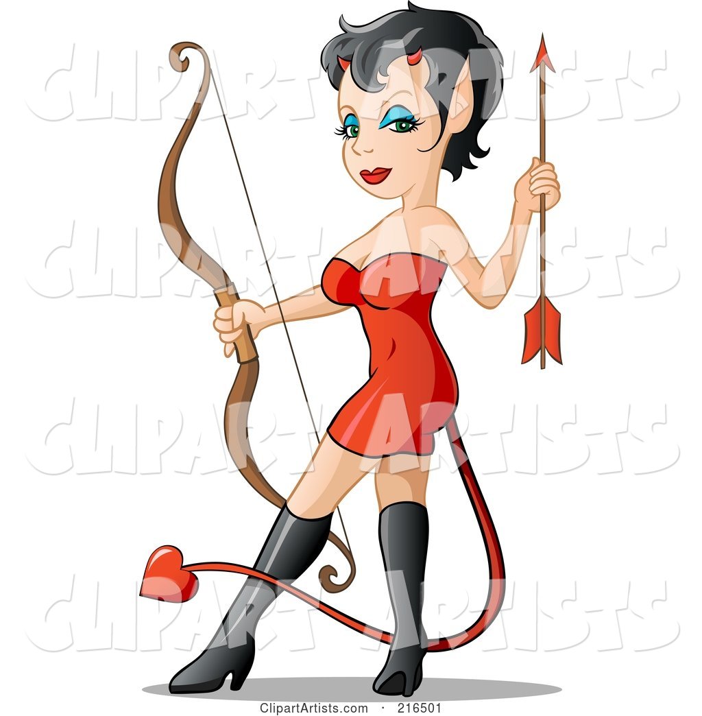 Sexy She Devil in a Red Dress and Black Boots, Holding a Bow and Arrow