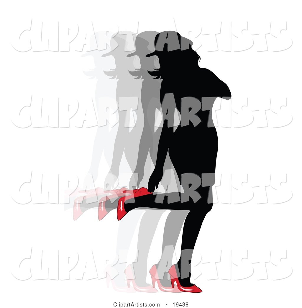 Sexy Silhouetted Woman in a Dress and Hat, Looking Back at Her Red High Heel Shoes