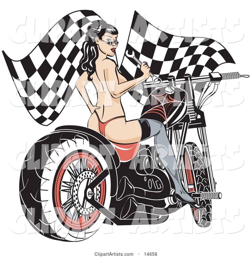 Sexy Topless Brunette Woman in a Red Thong, Stockings and Heels, Looking Back over Her Shoulder and Holding a Wrench While Sitting on a Motorcycle and Racing Flags in the Background