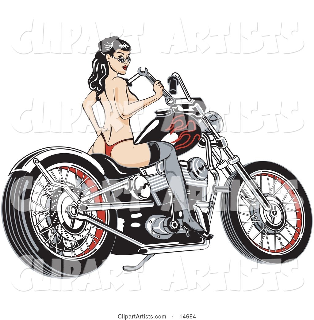 Sexy Topless Brunette Woman in a Red Thong, Stockings and Heels, Looking Back over Her Shoulder and Holding a Wrench While Sitting on a Motorcycle Clipart Illustration