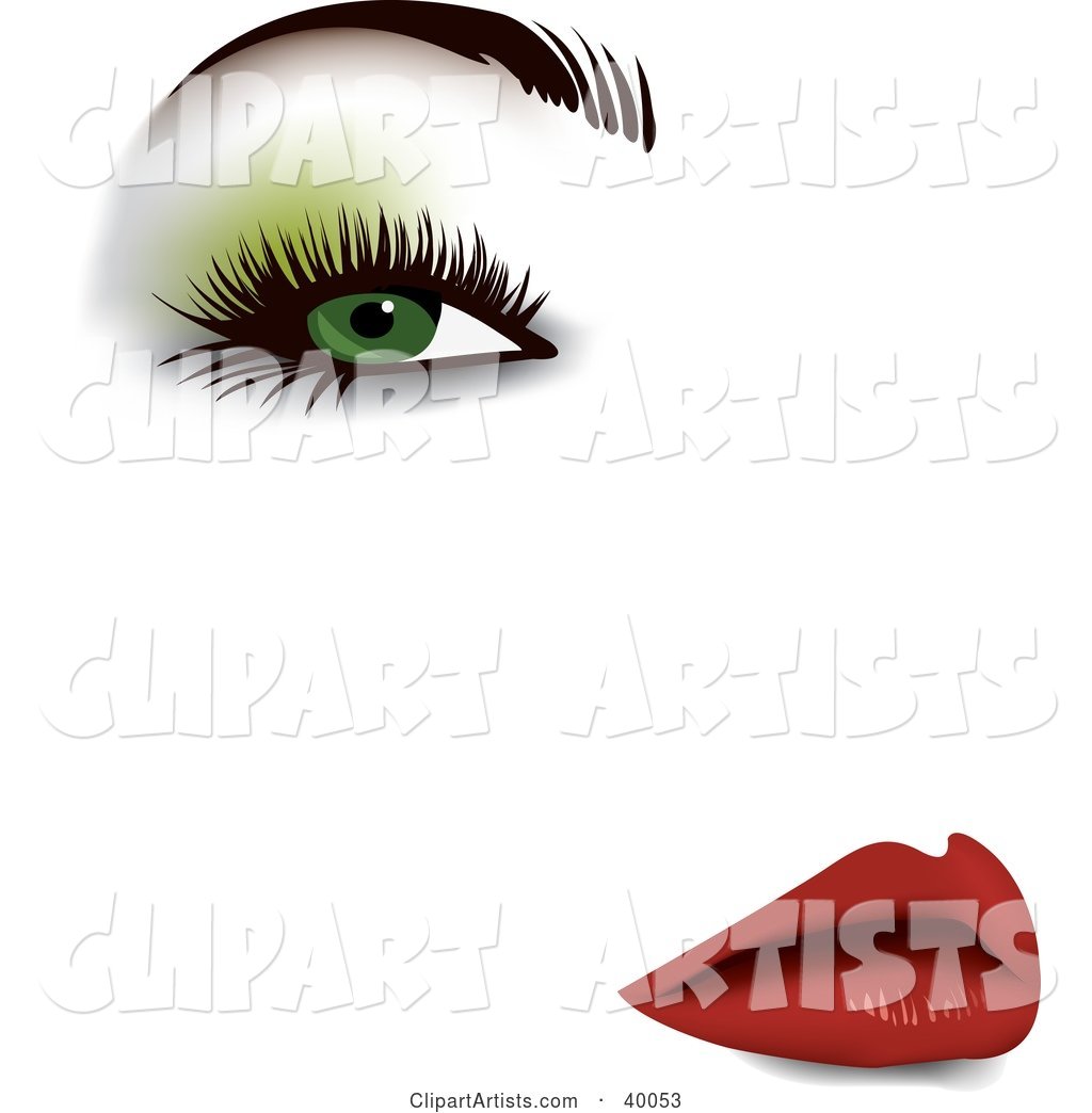 Sexy Woman's Face with Green Eyeshadow, Thick Eyelashes, Groomed Brows and Red Lips