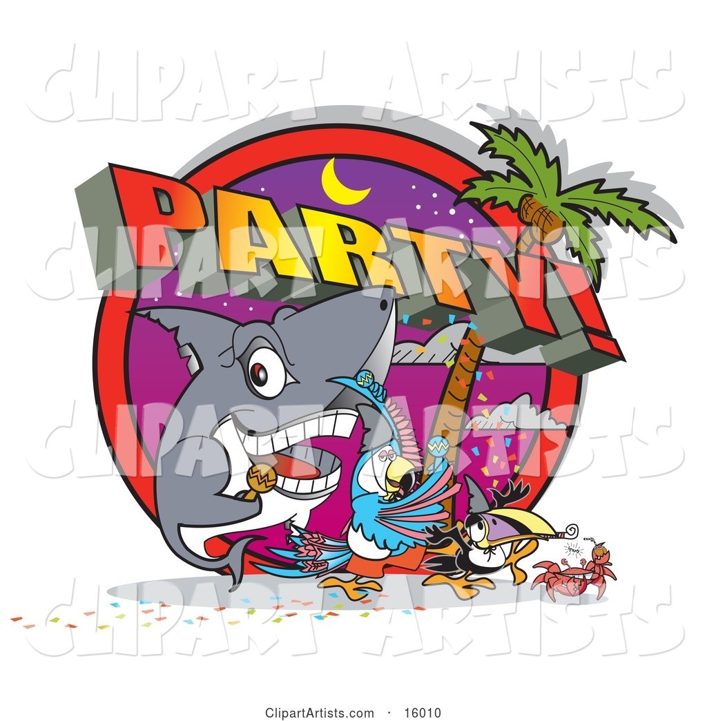 Shark, Parrot, Toucan and Crab Partying on a Tropical Beach