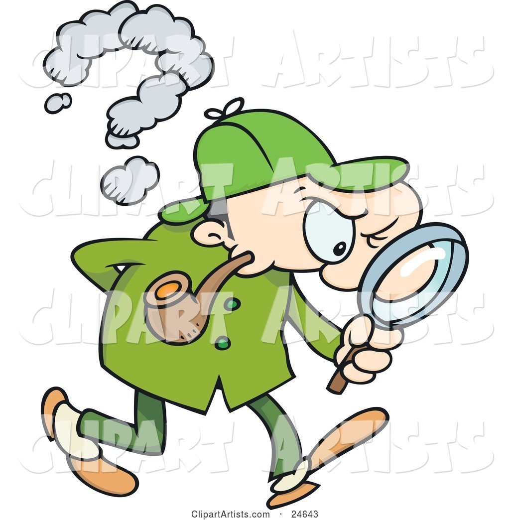 Sherlock Holmes, a Caucasian Man in a Green Hat, Coat and Pants, Smoking a Pipe and Peering Through a Magnifying Glass While Searching for Evidence
