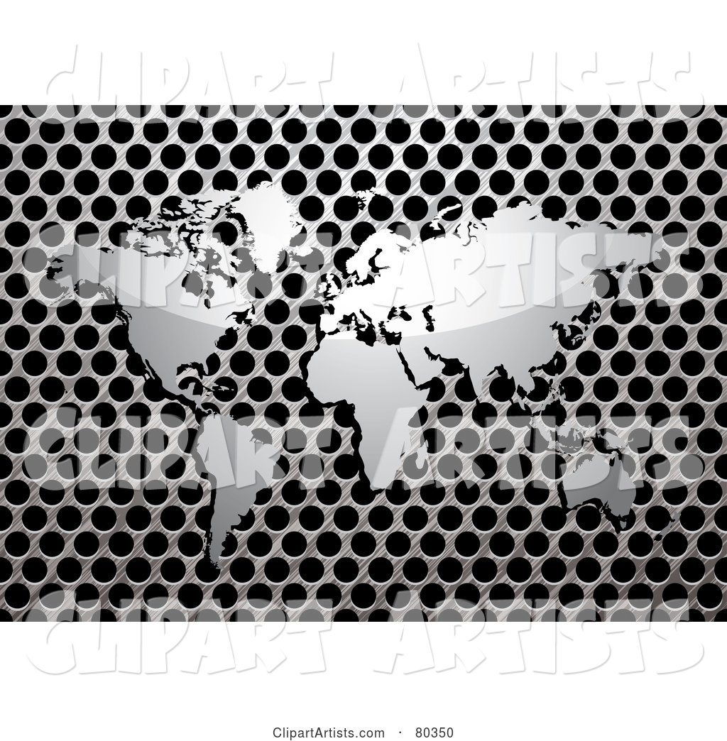 Shiny Silver World Map on a Brushed Metal Grill over Black