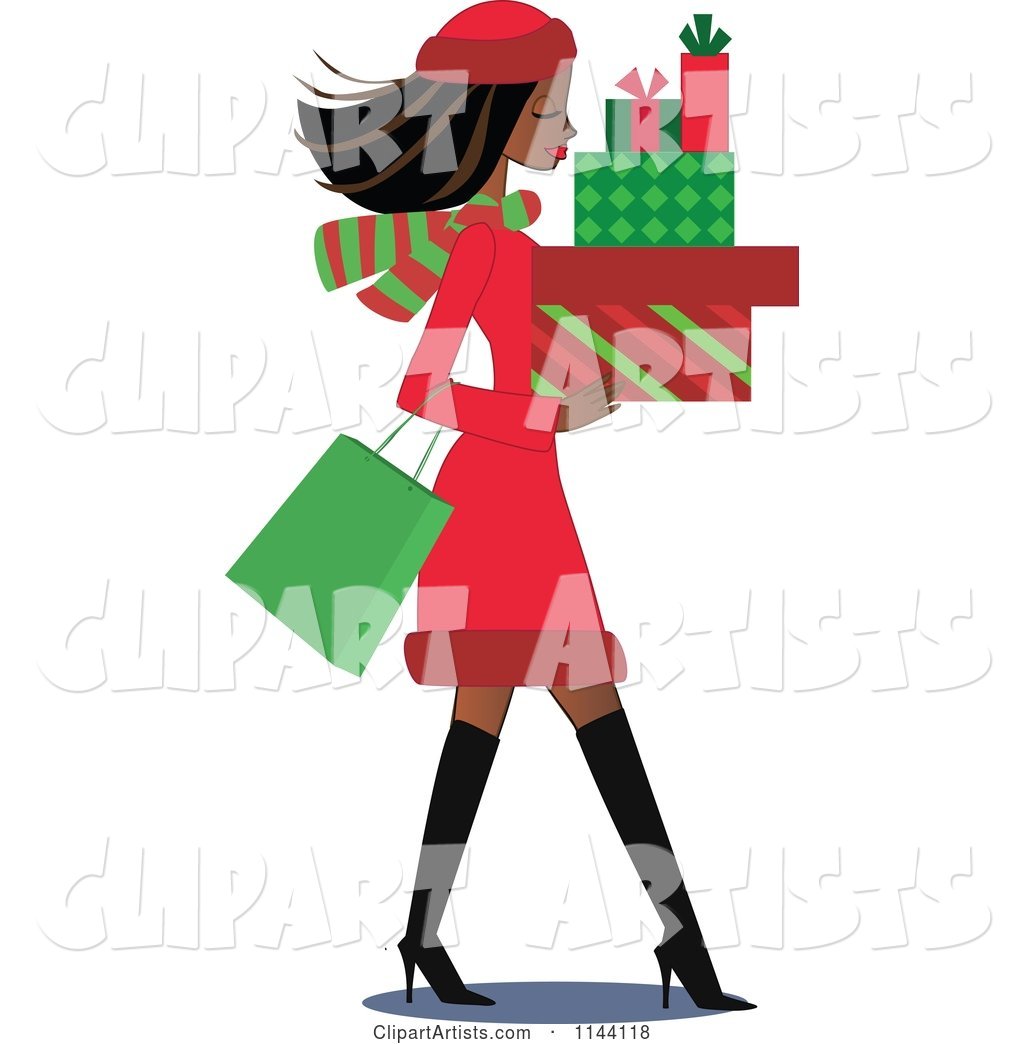 Shopping Black Christmas Woman Carrying Gift Boxes