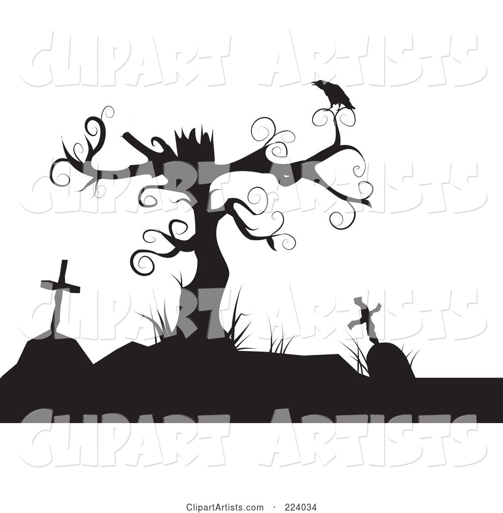 Silhouette of a Crow Perched on a Dead Tree over Tombstones