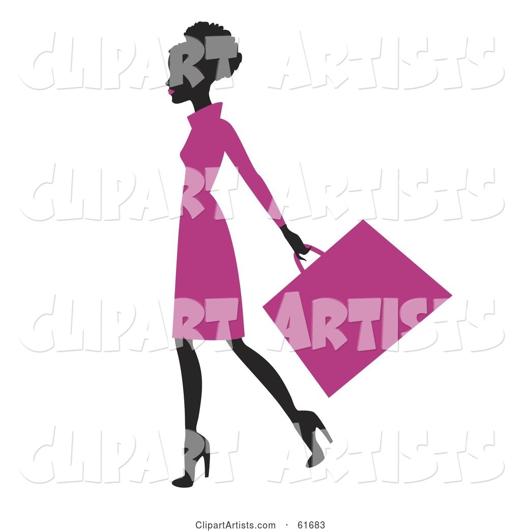 Silhouetted African American Woman in a Pink Dress, Carrying a Shopping Bag