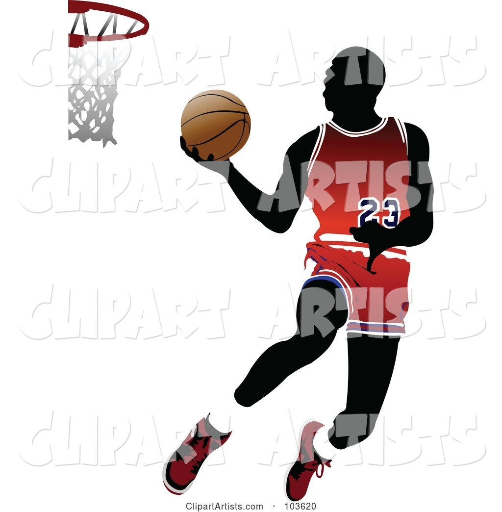 Silhouetted Basketball Player Leaping to the Hoop