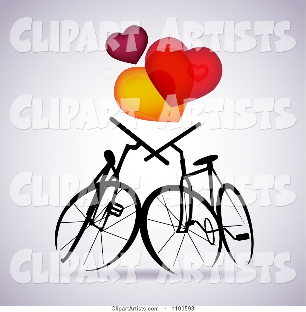 Silhouetted Bikes in Love Under Hearts on Gray