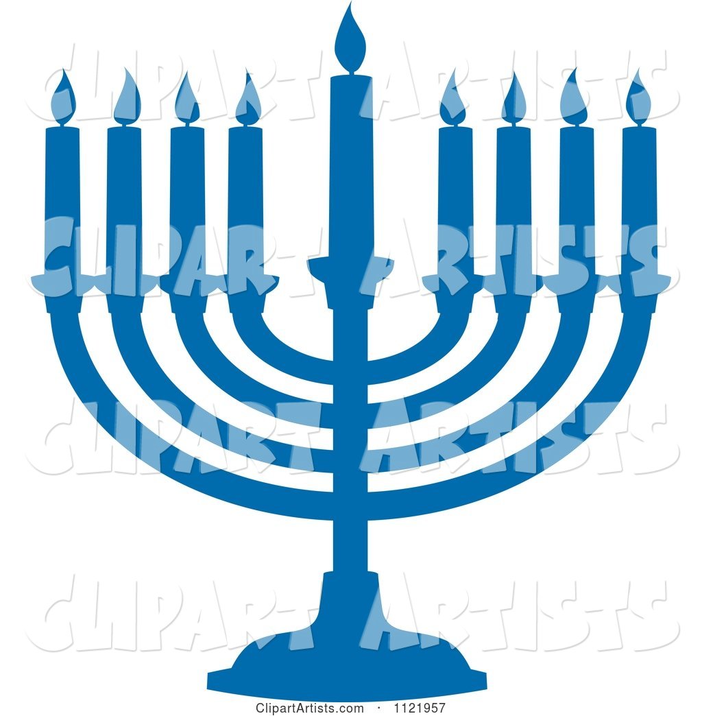 Silhouetted Blue Hanukkah Menorah with Lit Candles