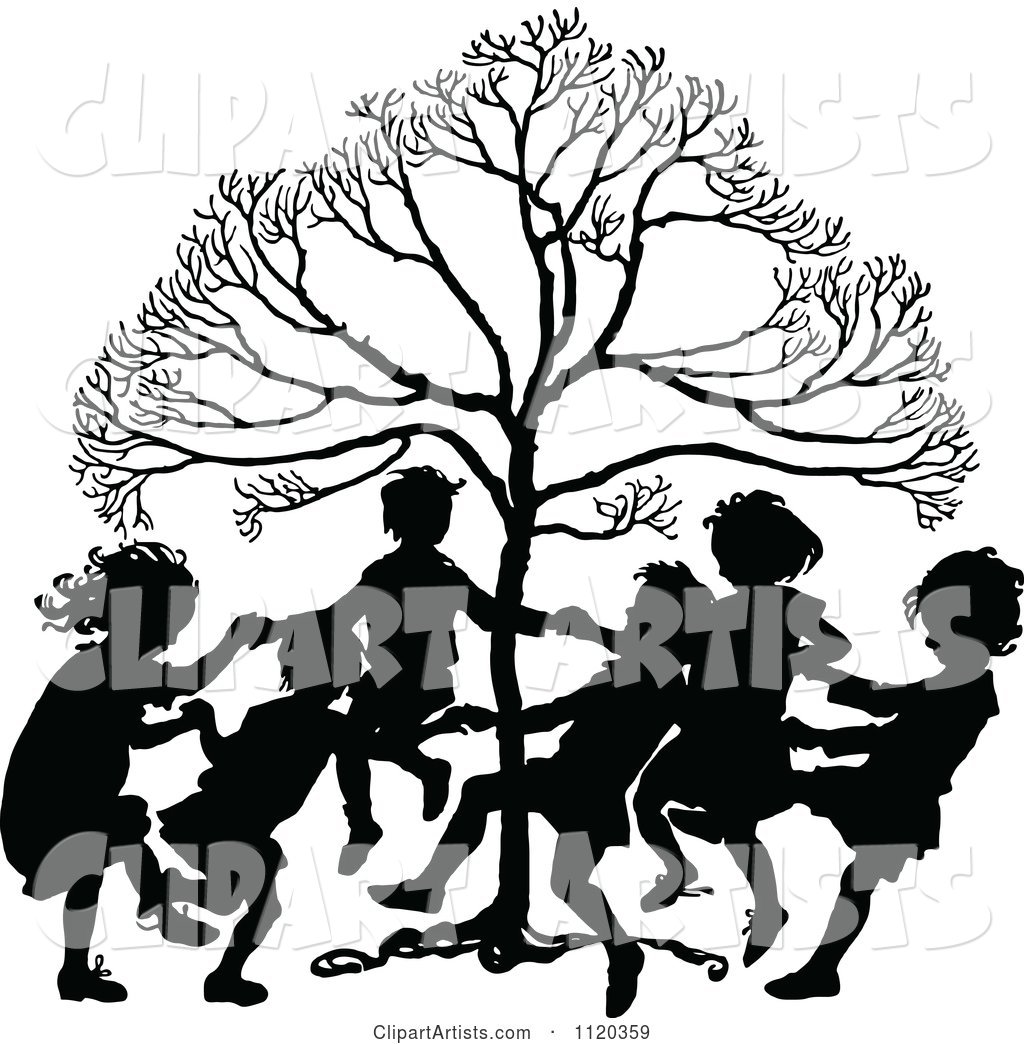 Silhouetted Children Dancing Around a Tree