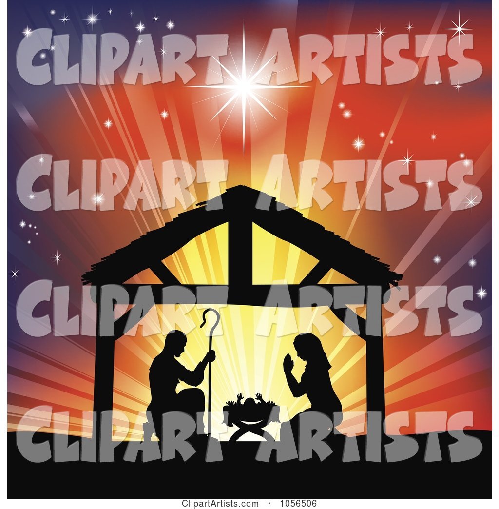 Silhouetted Christian Christmas Nativity Scene Against a Colorful Shining Sky