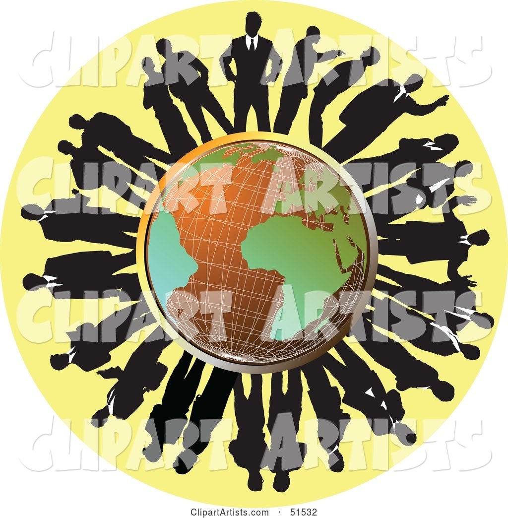 Silhouetted Corporate Businessmen Surrounding a Wire Globe