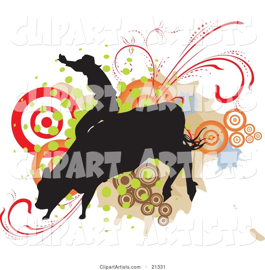 Silhouetted Cowboy Holding onto the Back of a Bucking Rodeo Bull over a Target and Scroll Background