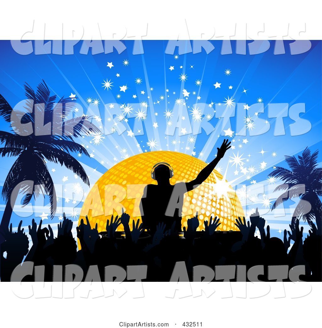 Silhouetted Crowd on the Dance Floor Below a Male Dj, in Front of a Golden Disco Ball on a Blue Bursting Background with Palm Trees