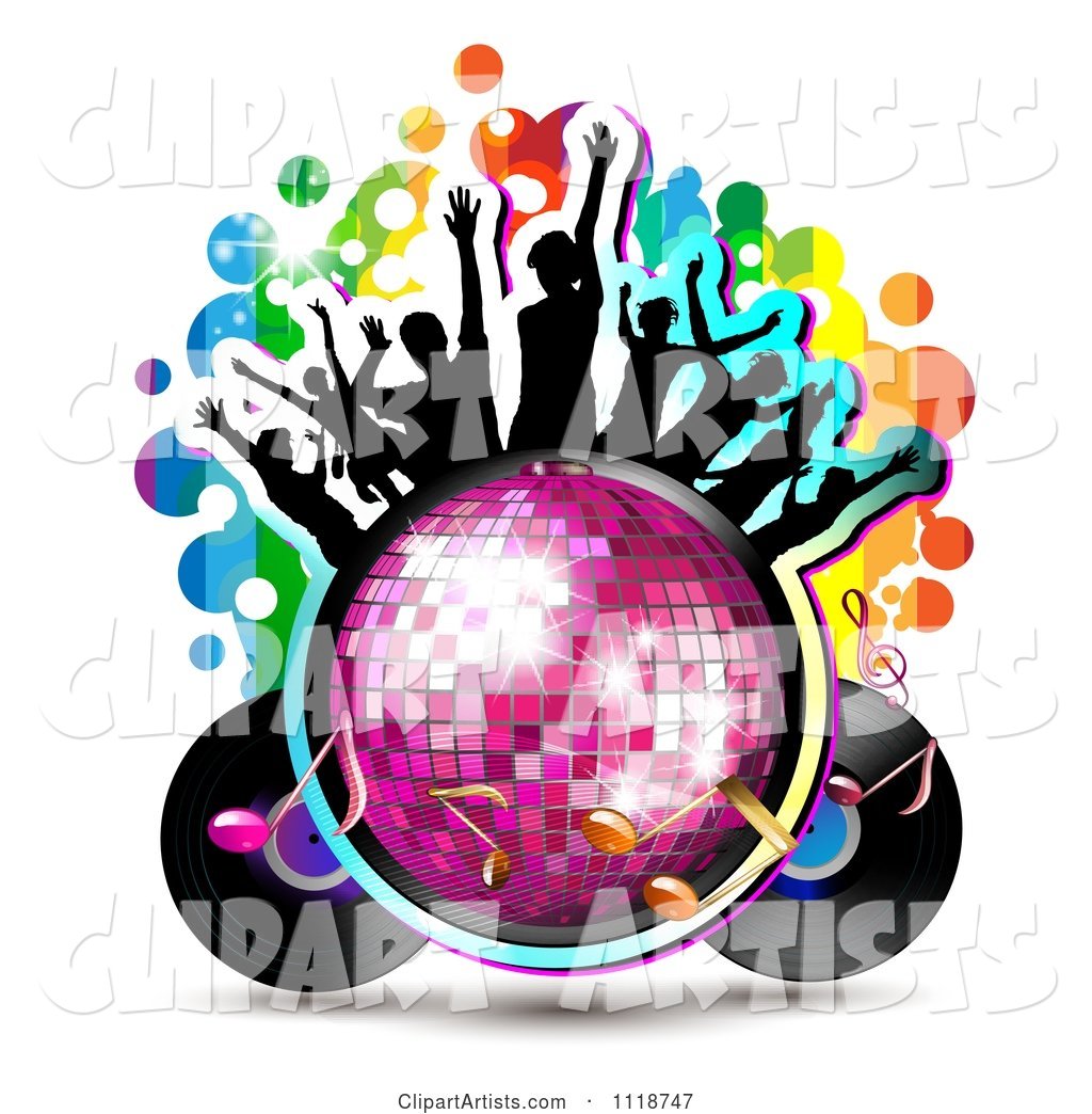 Silhouetted Dancers on a Disco Ball with a Record Album and Music Notes