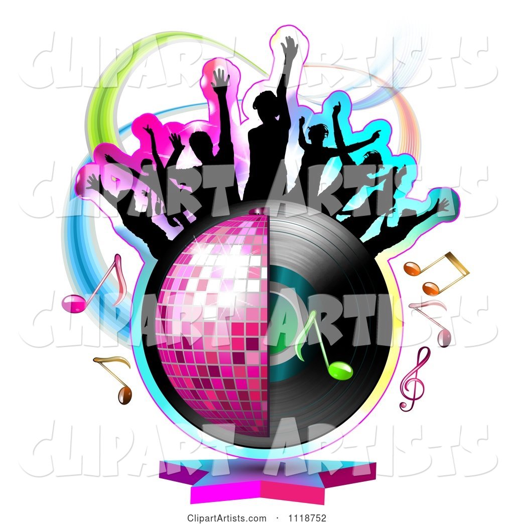 Silhouetted Dancers on a Half Disco Ball and Record Album with Music Notes