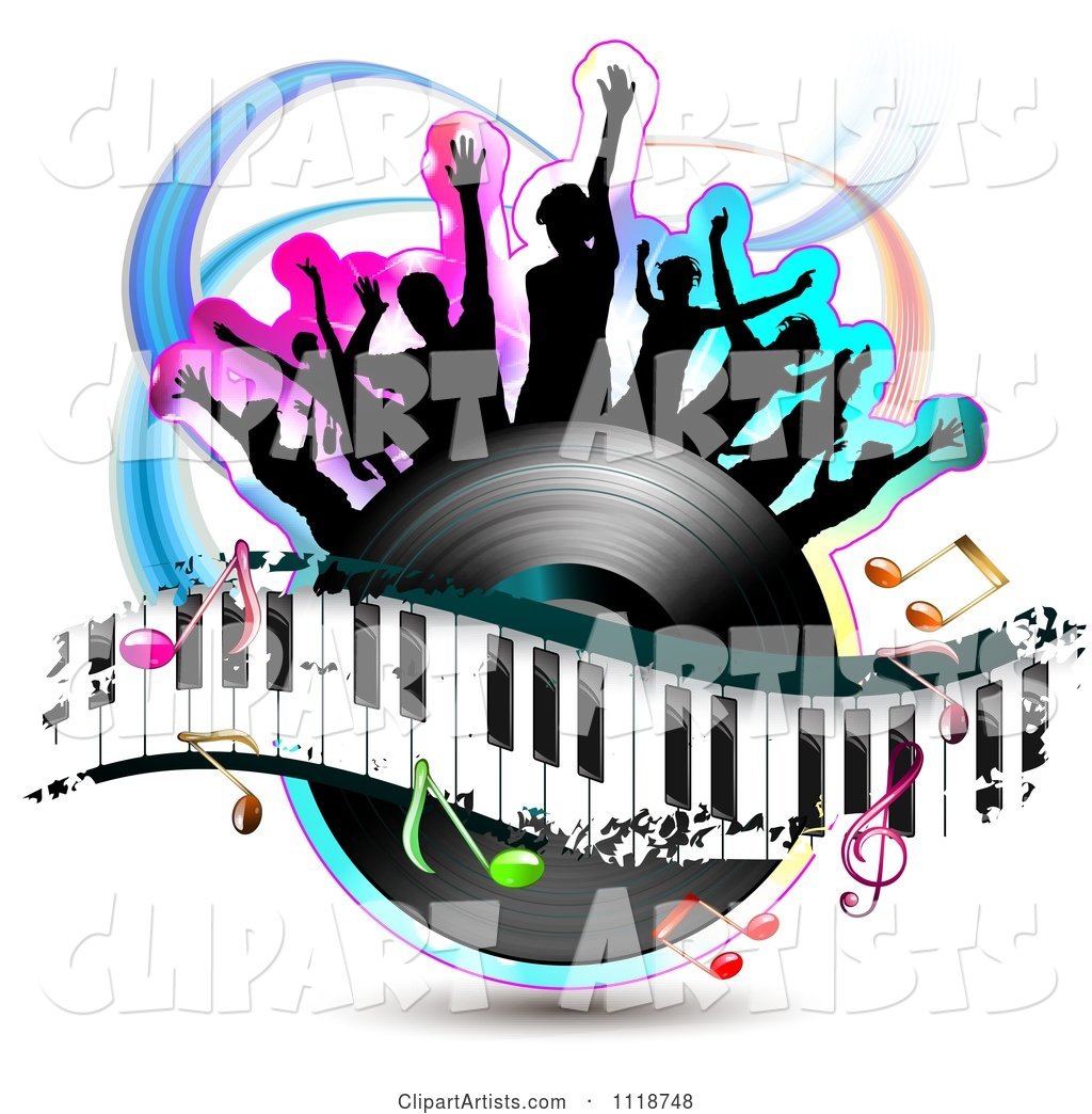 Silhouetted Dancers on a Vinyl Record with a Keyboard and Music Notes 3