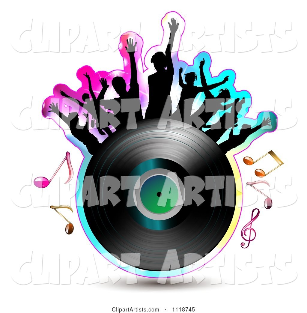 Silhouetted Dancers on a Vinyl Record with Music Notes 2