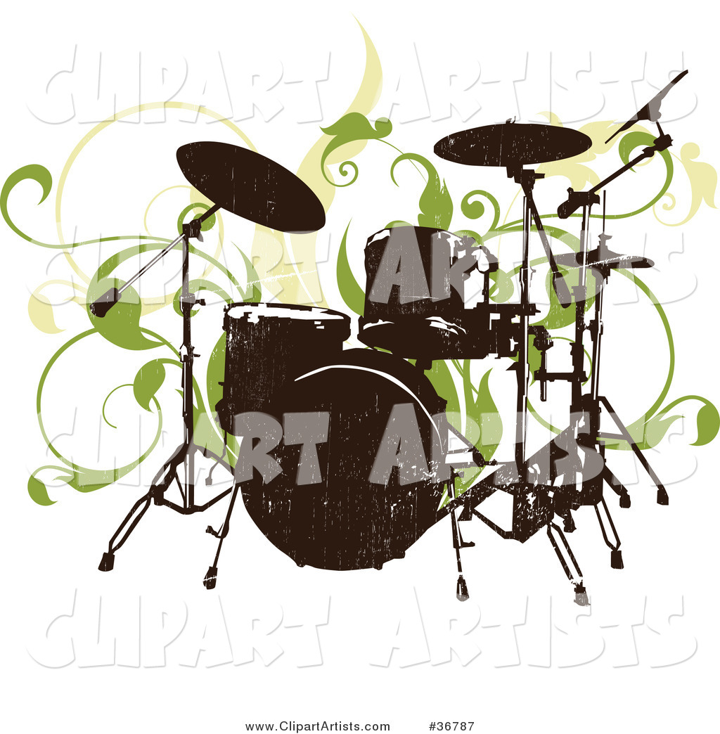 Silhouetted Drum Set Abd Green Vines on a White Background