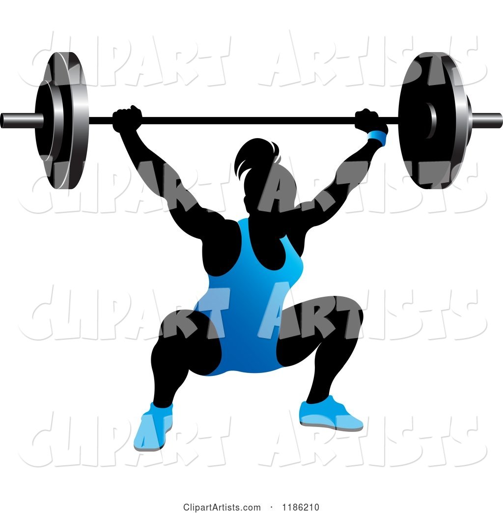 Silhouetted Female Bodybuilder Lifting a Heavy Barbell and Wearing Blue