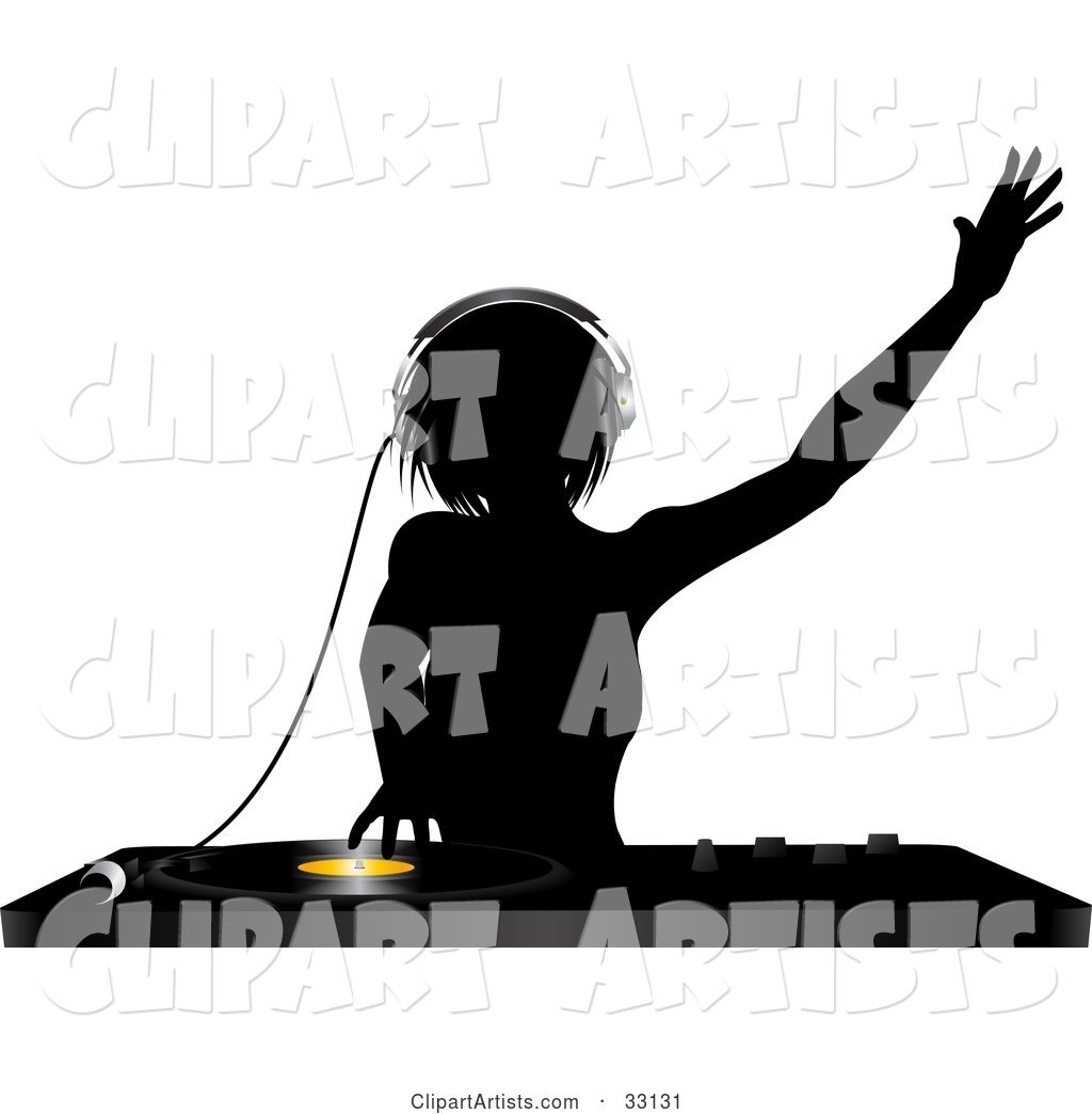 Silhouetted Female DJ Holding Her Arm up in the Air, Wearing Headphones and Mixing a Record