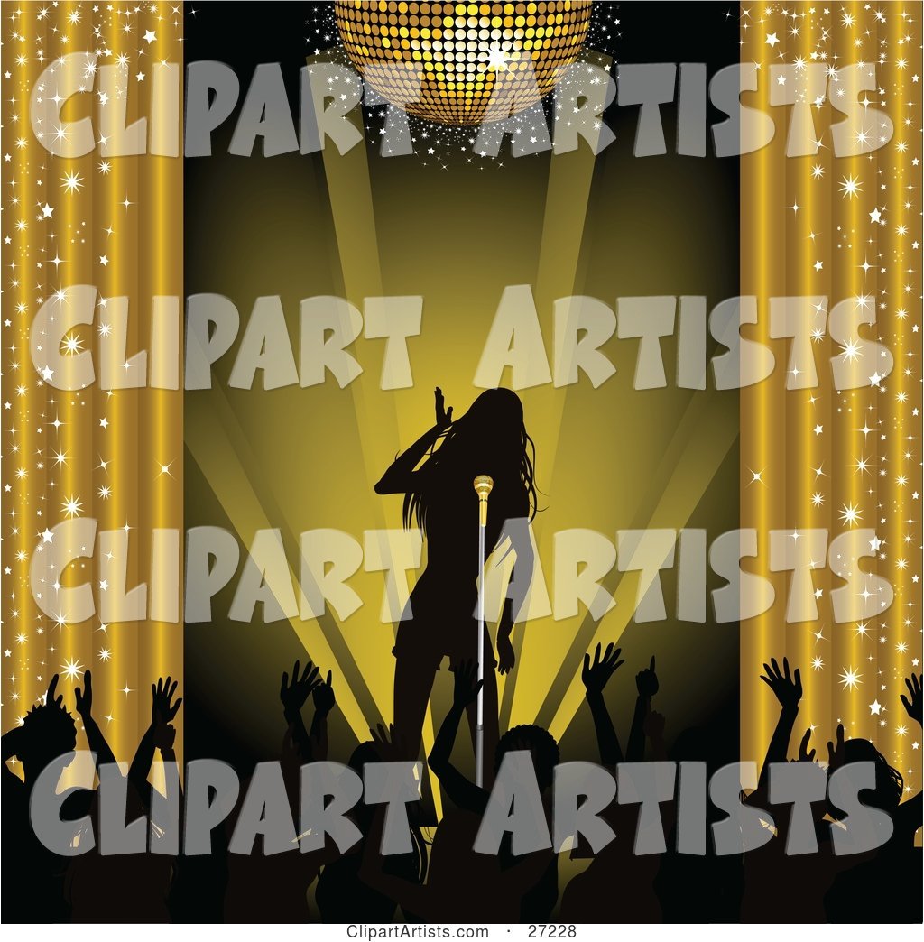 Silhouetted Female Musician Singing on Stage Under a Golden Disco Ball and Silhouetted Fans Waving Their Arms