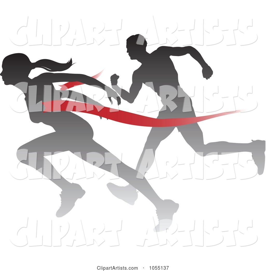 Silhouetted Female Runner Beating a Man to the Finish Line