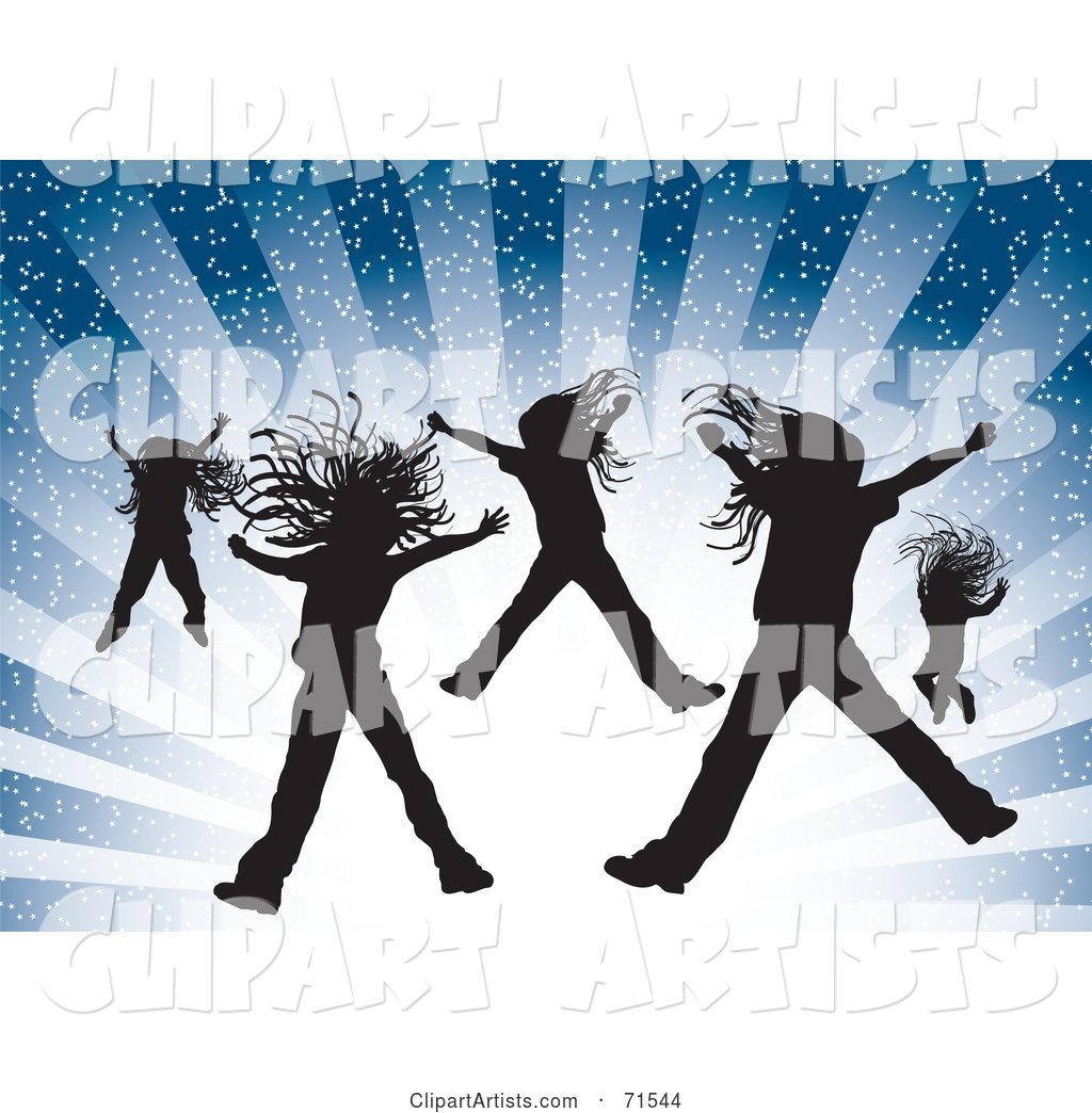 Silhouetted Girls Jumping over a Bursting Blue Background