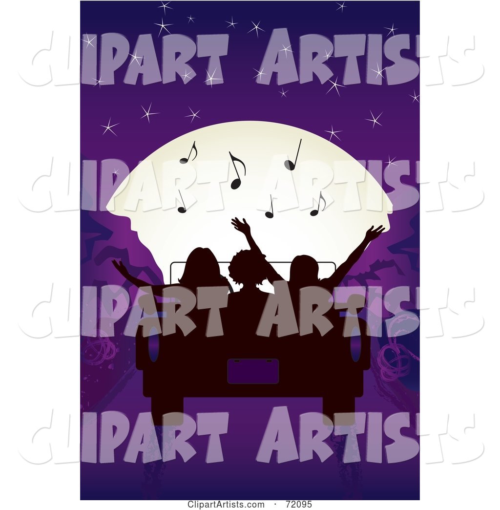 Silhouetted People in a Convertible Car, Driving Towards a Musical Full Moon in a Purple Night Sky