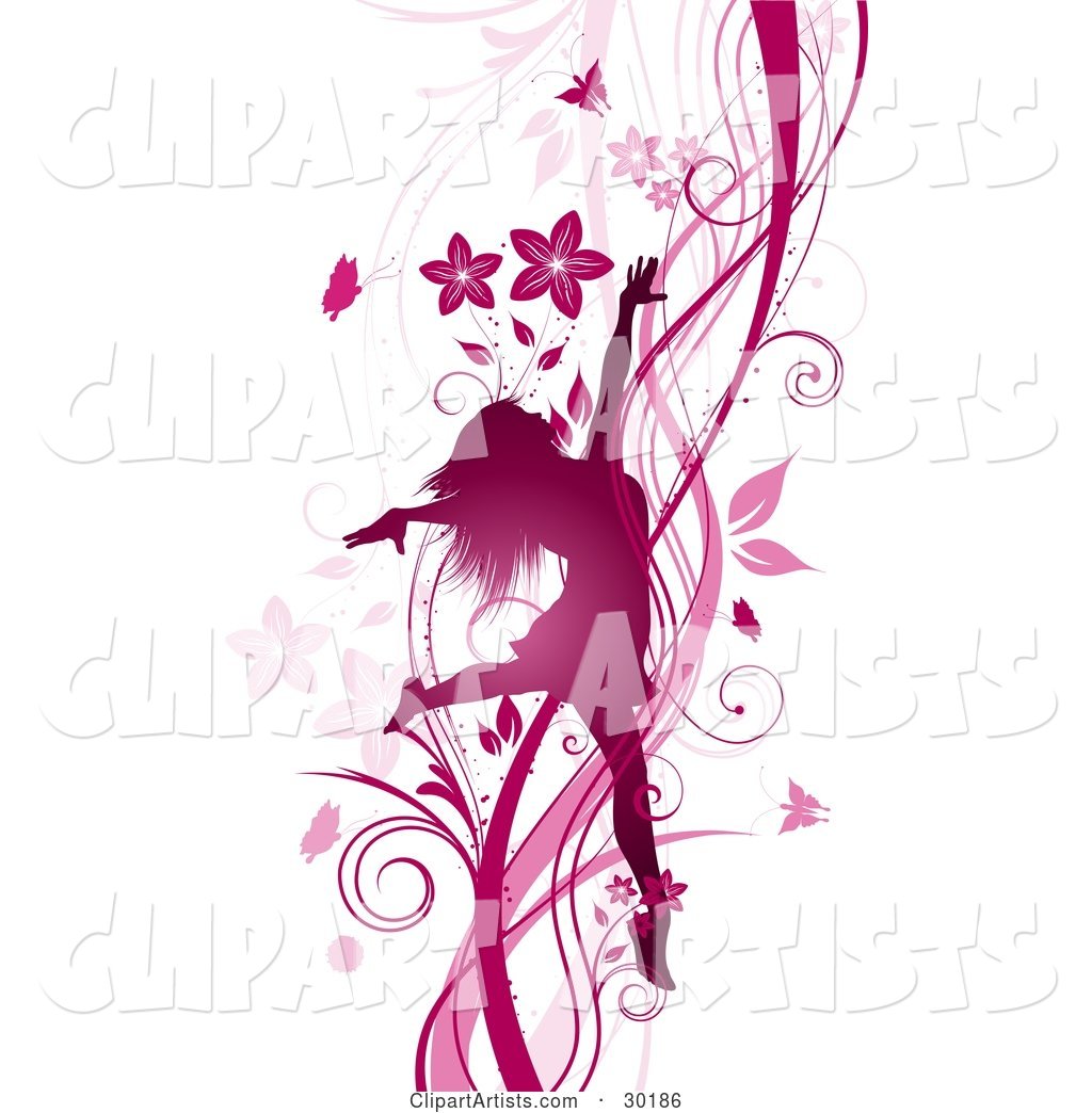 Silhouetted Pink Woman Prancing and Dancing on a Background of Vines, Flowers and Butterflies