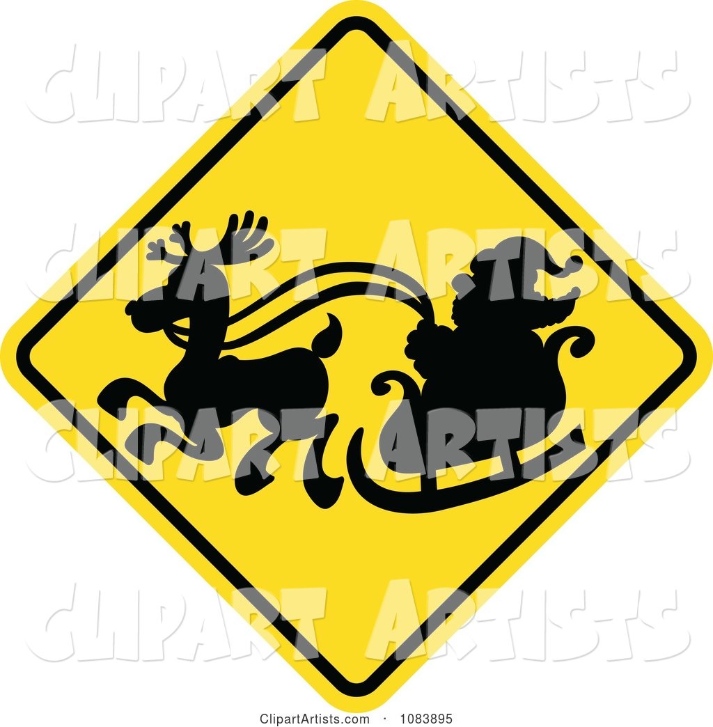 Silhouetted Santa and Sleigh on a Yellow Crossing Warning Sign