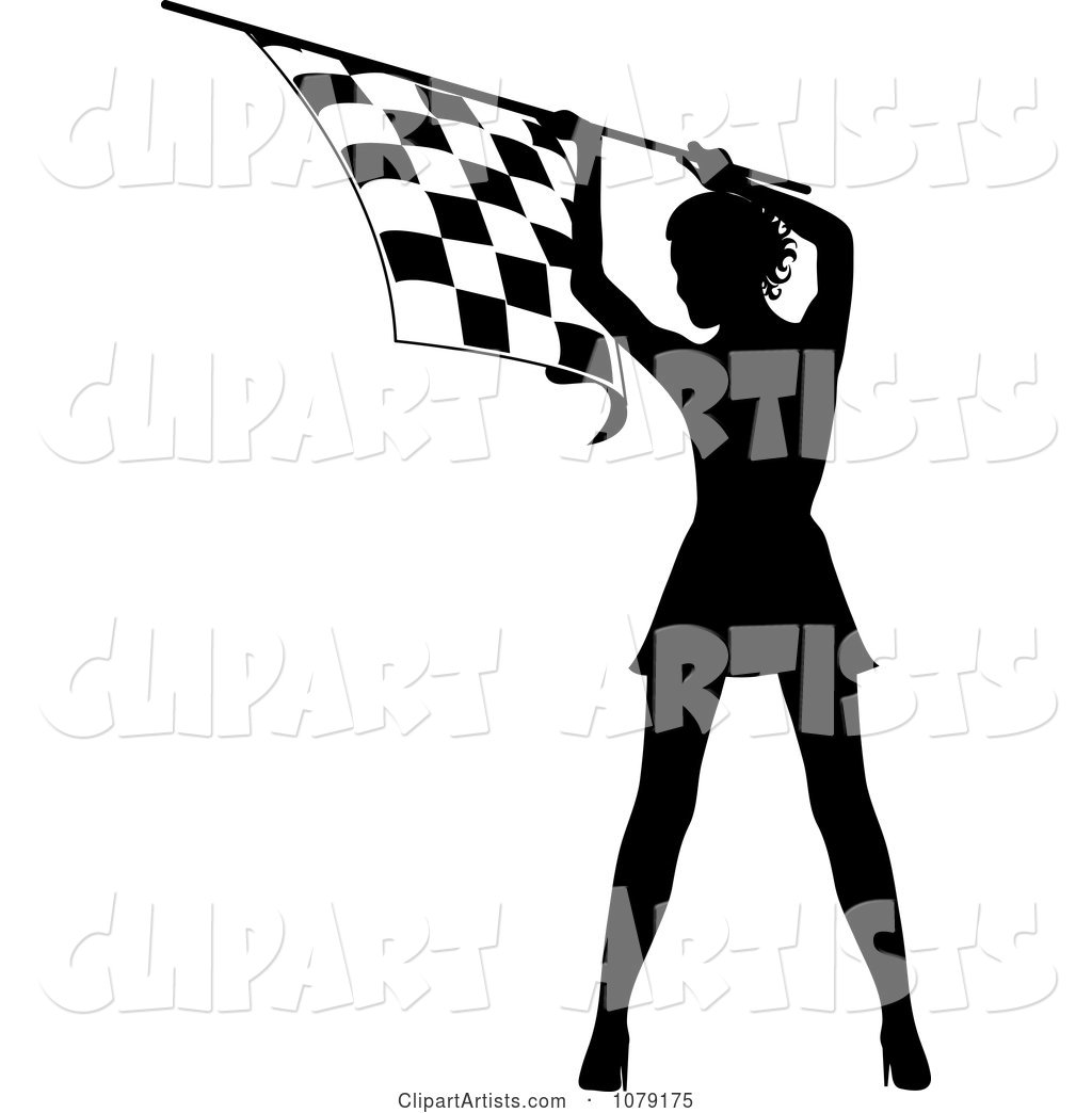 Silhouetted Speedway Woman Holding a Checkered Flag