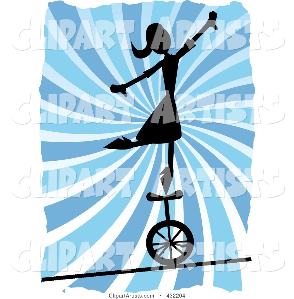 Silhouetted Woman Balancing on a Unicycle over a Tightrope over Blue Swirls